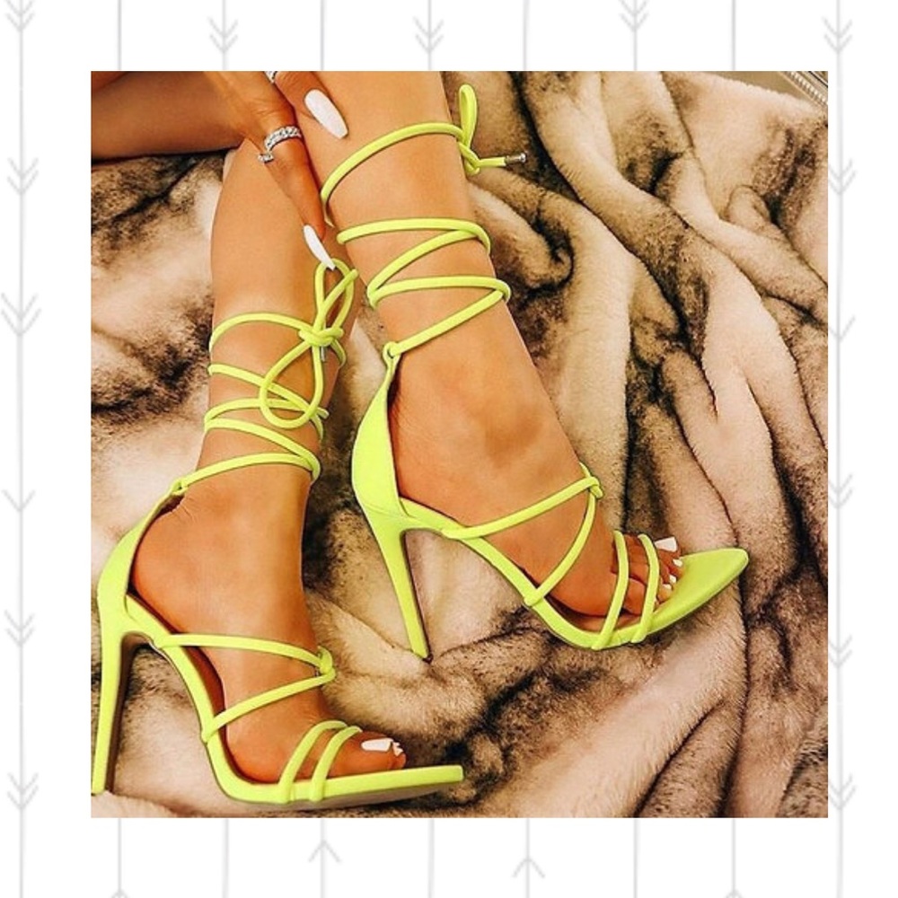 New Wild diva tie up wrap up lace up neon yellow high heel sandal 4 3/8” heel